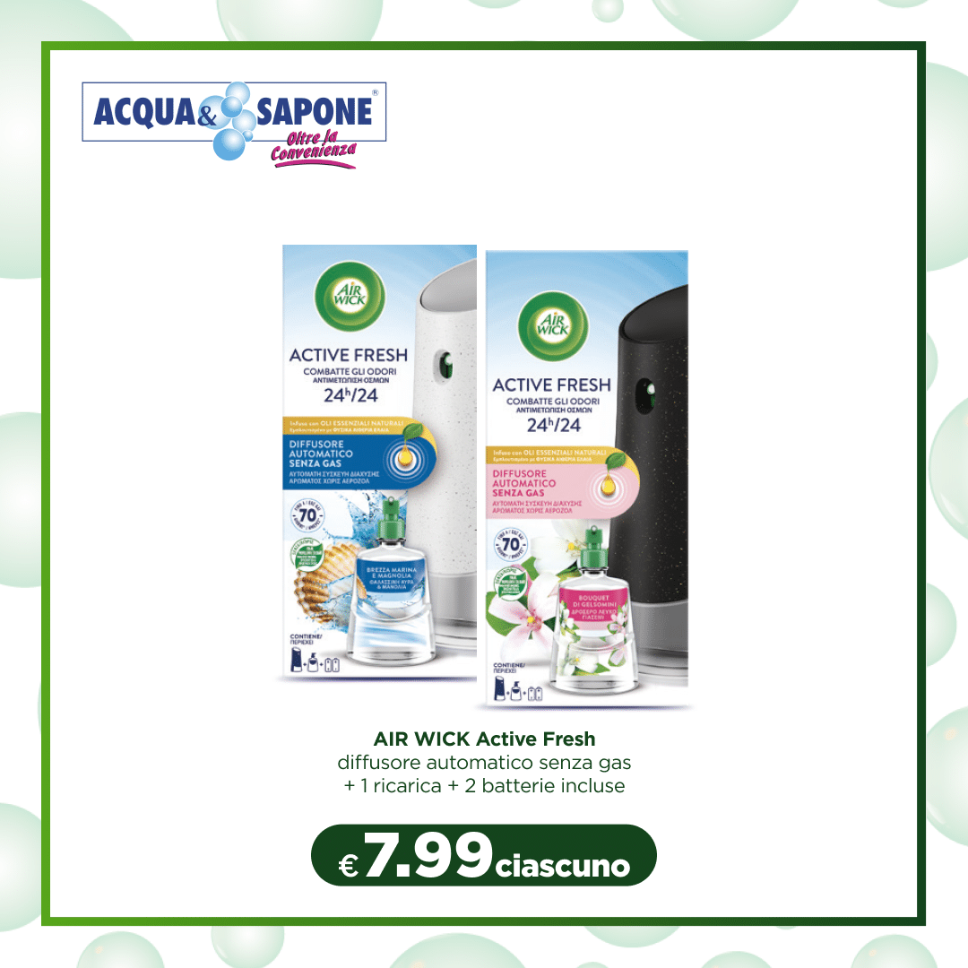 AIR WICK Active Fresh Diffusore automatico senza gas con 1 ricarica e 2 batterie incluse, disponibile in due fragranze: brezza marina e magnolia, bouquet di gelsomini. AIR WICK Active Fresh diffusore automatico senza gas con ricarica 228 ml.