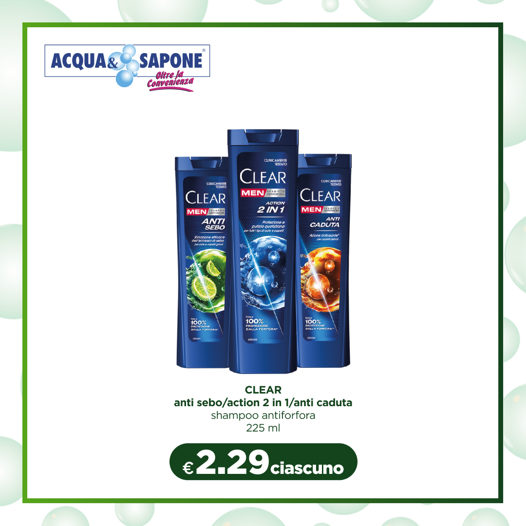 CLEAR anti sebo/action 2 in 1 CLEAR Men shampoo anti sebo, 225 ml. Shampoo e balsamo 2 in 1, formulato per contrastare l\'eccesso di sebo e prevenire la forfora. Lascia i capelli freschi e leggeri, con un effetto duraturo e sano.