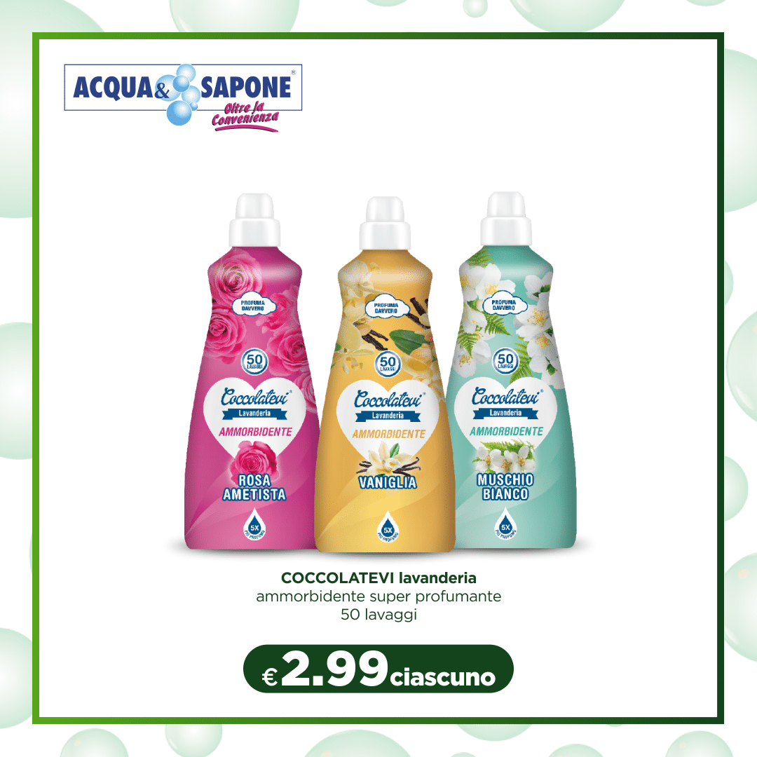 COCCOLATEVI lavandoria Ammorbidente super profumato da 50 lavaggi, disponibile nelle fragranze rosa ametista, vaniglia e muschio bianco. COCCOLATEVI ammorbidente super profumato 50 lavaggi.