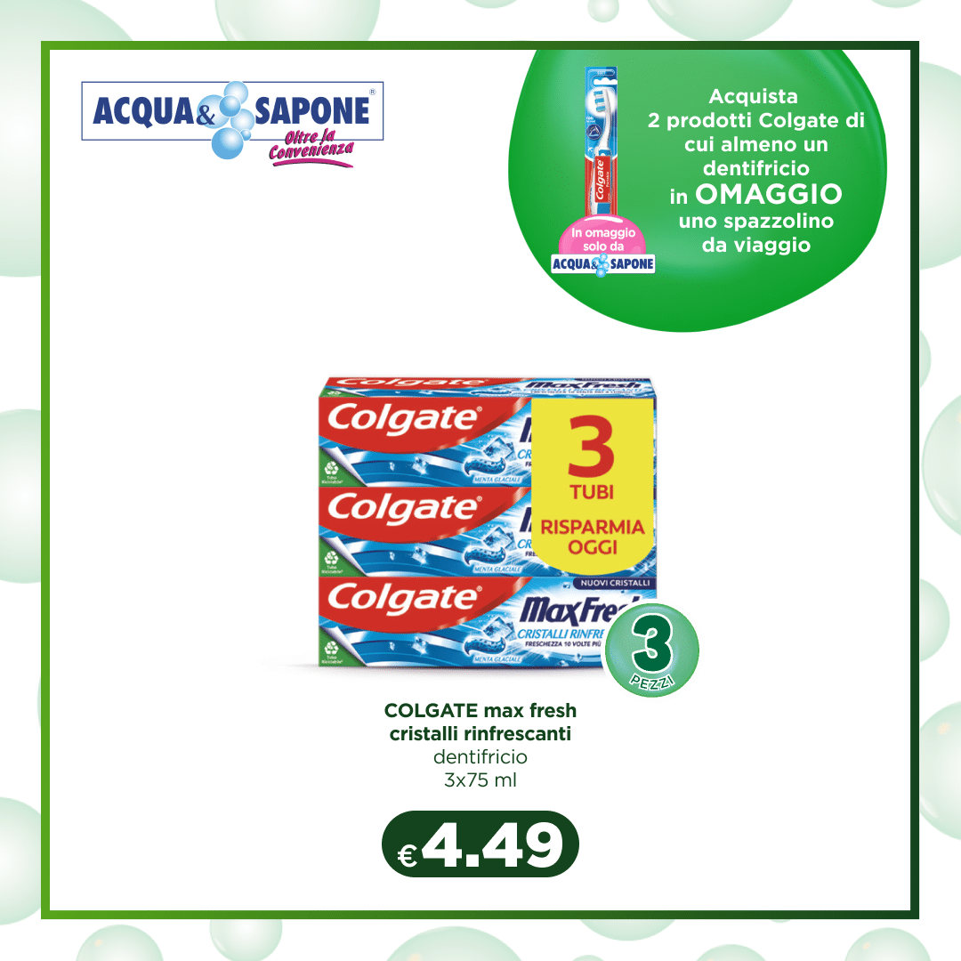 Colgate Max Fresh Cristalli Rinfrescanti dentifricio, confezione 3x75 ml. Una scelta ideale per mantenere un alito fresco e una pulizia profonda dei denti, con cristalli rinfrescanti per una freschezza duratura.