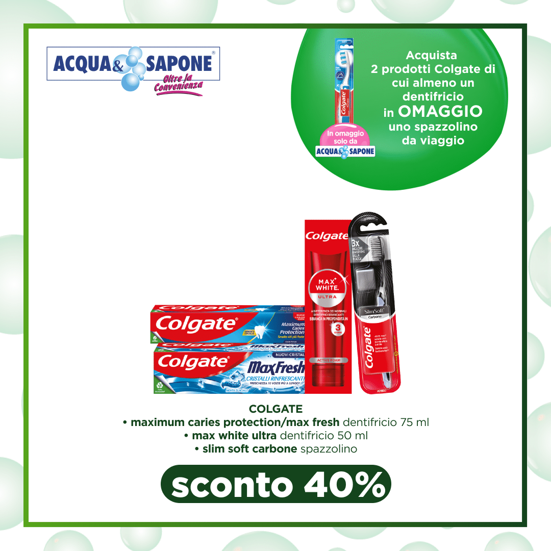 Colgate Maximum Caries Protection/Max Fresh Dentifricio 75 ml Il dentifricio Colgate Maximum Caries Protection/Max Fresh da 75 ml è formulato per una protezione totale contro la carie e per un alito fresco. Grazie alla sua tecnologia avanzata, previene la formazione della placca e protegge le gengive, lasciando una sensazione di freschezza che dura tutto il giorno. Un\'ottima scelta per mantenere i denti sani e forti. Colgate Max White Ultra Dentifricio 50 ml Colgate Max White Ultra da 50 ml è un dentifricio sbiancante che rimuove le macchie e dona ai denti un sorriso più bianco e luminoso. La sua formula esclusiva agisce in profondità, eliminando le impurità per un alito fresco e un\'igiene orale impeccabile. Perfetto per chi desidera denti visibilmente più bianchi in poco tempo. Colgate Slim Soft Carbone Spazzolino Il spazzolino Colgate Slim Soft Carbone è progettato con setole ultra sottili per una pulizia delicata e profonda. Con la sua tecnologia al carbone, rimuove le macchie superficiali e dona una sensazione di freschezza unica. Adatto a chi cerca uno spazzolino efficace e delicato sulle gengive.