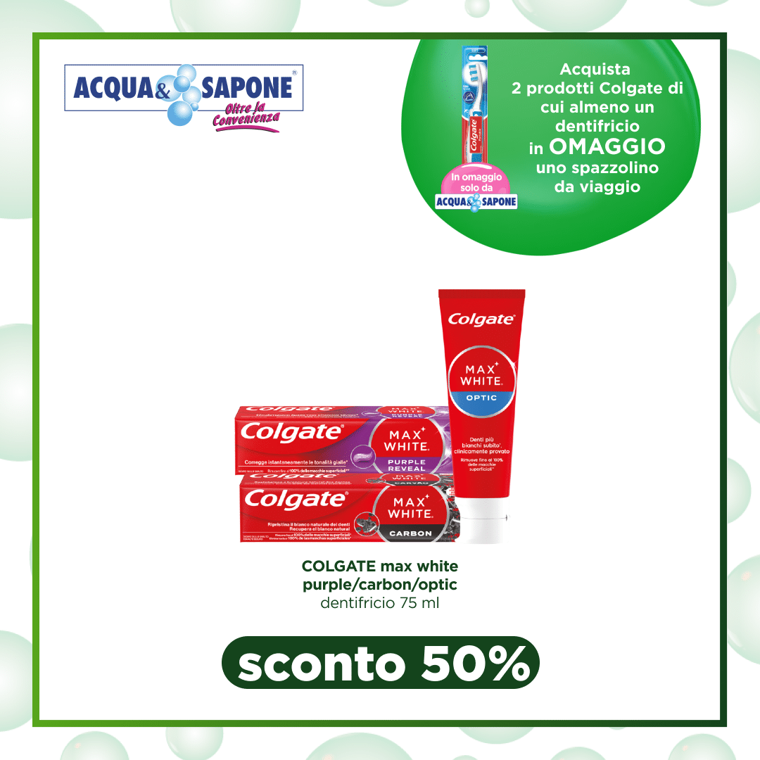 Colgate Max White Purple/Carbon/Optic Dentifricio 75 ml Colgate Max White Purple/Carbon/Optic è un dentifricio da 75 ml, pensato per sbiancare i denti e ridurre le macchie. La formula avanzata rimuove le impurità e dona un sorriso più luminoso. Con il suo effetto innovativo, garantisce una protezione profonda e una pulizia delicata, mantenendo i denti bianchi e brillanti. Ideale per chi cerca un dentifricio completo per il benessere orale.