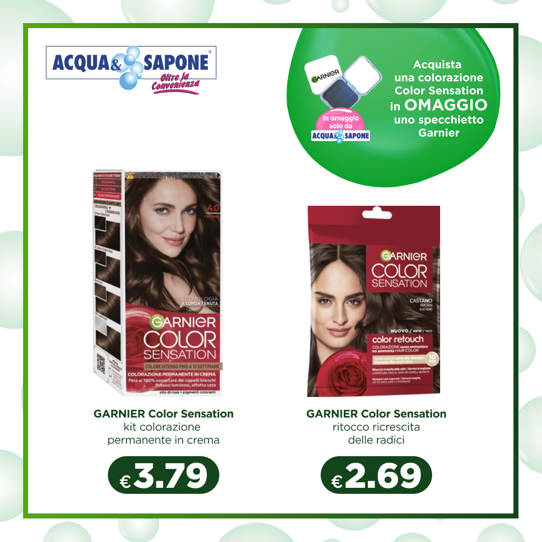 Garnier Color Sensation Kit Colore Permanente in Crema 4.0 Il kit di colorazione permanente Garnier Color Sensation 4.0 offre un colore intenso e brillante, con una formula arricchita che nutre i capelli mentre li tinge. La crema colorante è progettata per offrire una copertura perfetta dei capelli bianchi, lasciando i capelli morbidi e lucenti. Ideale per un colore professionale direttamente a casa. Garnier Color Sensation Ritocco Ricrescita delle Radici Castano 10 ml Garnier Color Sensation Ritocco Ricrescita delle Radici è perfetto per coprire la ricrescita dei capelli tra una colorazione e l’altra. Con la sua pratica applicazione, consente di ritoccare facilmente le radici senza compromettere la brillantezza del colore. Ottimo per ottenere un look fresco e uniforme, perfetto per capelli castani.