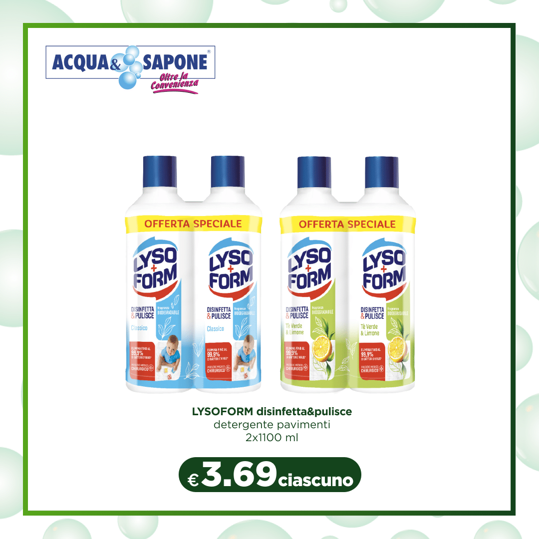 Lysoform Disinfetta e Pulisce Detergente Pavimenti 2x1100 ml Classico Lysoform Disinfetta e Pulisce è il detergente ideale per pavimenti, grazie alla sua formula che garantisce una pulizia profonda e igienizzante. La sua azione disinfettante elimina germi e batteri, lasciando una freschezza duratura in ogni ambiente. Perfetto per pavimenti di ogni tipo, senza danneggiarli. Lysoform Disinfetta e Pulisce Detergente Pavimenti 2x1100 ml Verde e Limone Lysoform Disinfetta e Pulisce nella variante Verde e Limone offre una pulizia profonda con una freschezza naturale e delicata. La sua formula disinfettante agisce in profondità, eliminando germi e batteri, lasciando il pavimento pulito e profumato con una piacevole fragranza agrumata. Ottimo per ogni tipo di pavimento.