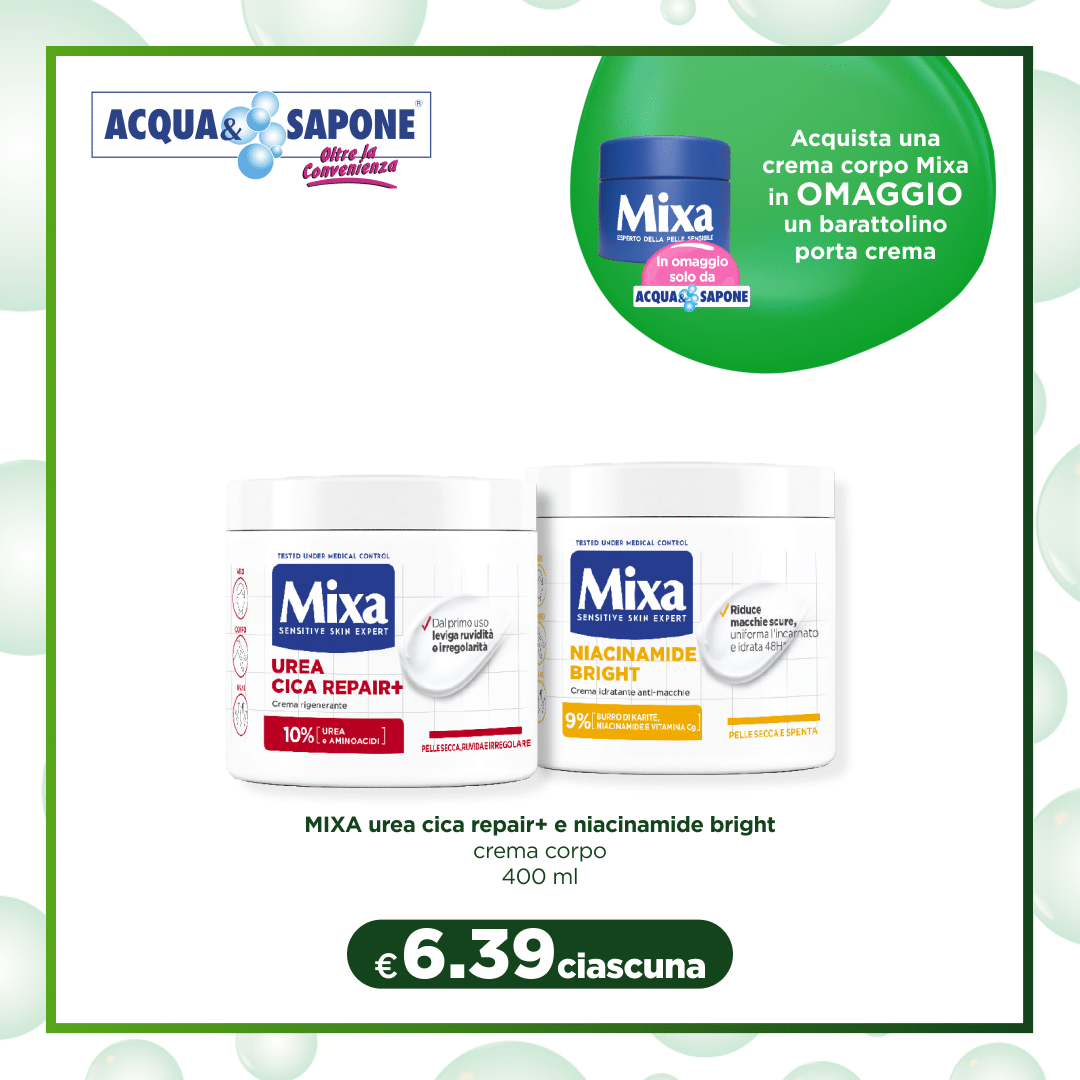 MIXA Urea Cica Repair+ e Niacinamide Bright Crema Corpo 400 ml Scopri la crema corpo MIXA con Urea Cica Repair+ e Niacinamide Bright, progettata per idratare e riparare la pelle secca e sensibile. La formula con il 10% di Urea e il 9% di Niacinamide aiuta a migliorare la texture della pelle, riducendo le macchie scure e promuovendo un aspetto uniforme. Perfetta per una pelle morbida e luminosa.