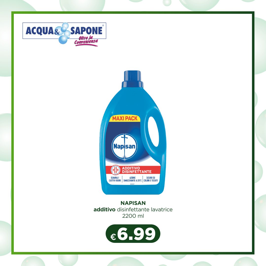 Napisan Additivo Disinfettante Lavatrice 2200 ml Napisan Additivo Disinfettante Lavatrice 2200 ml è l\'alleato perfetto per eliminare cattivi odori e batteri dalla tua biancheria. Con azione smacchiante e disinfettante, garantisce un bucato pulito e sicuro per tutta la famiglia, lasciando i tuoi capi freschi e privi di germi.