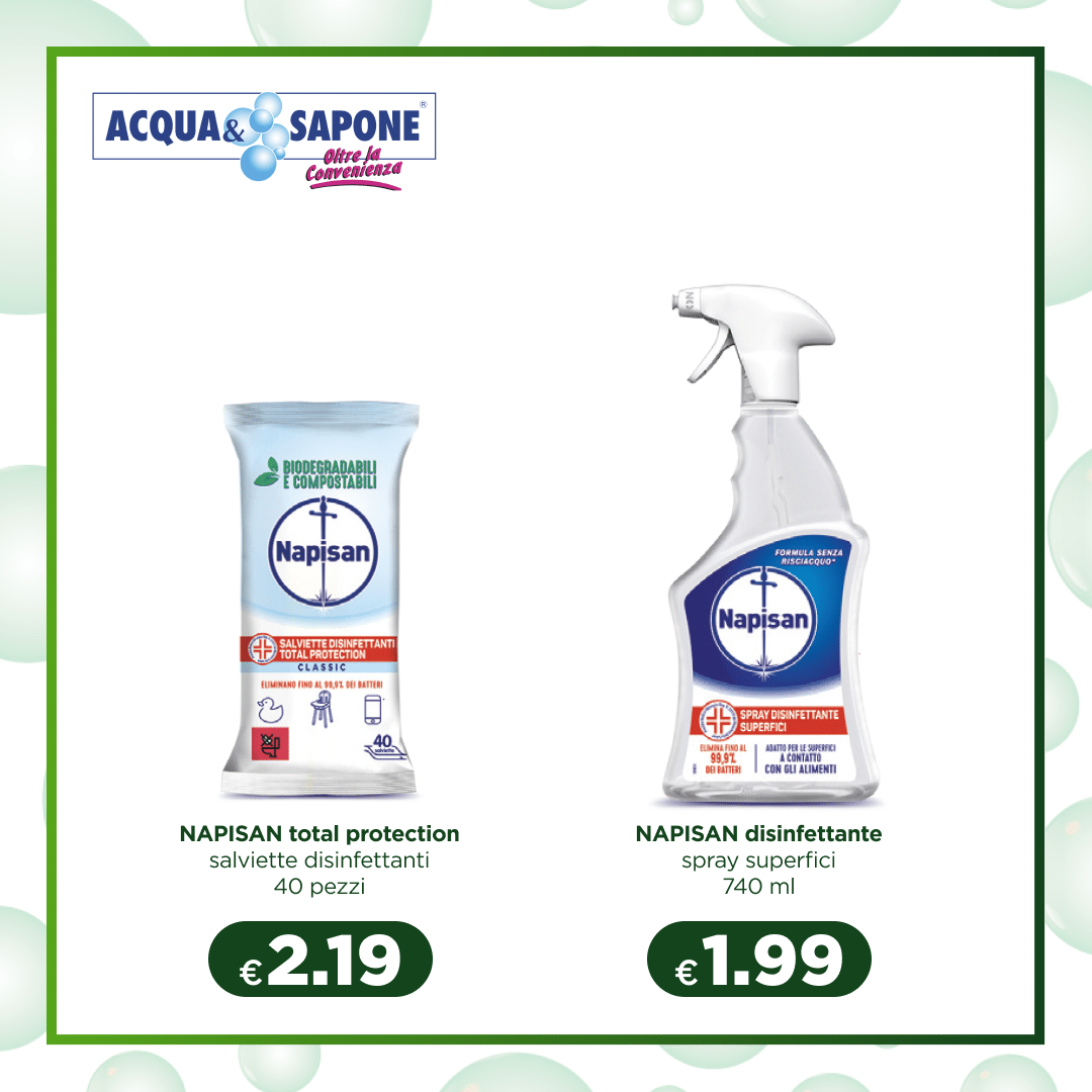 NAPISAN Total Protection Salviette Disinfettanti - 40 Pezzi Salviette disinfettanti per superfici, efficaci contro batteri e virus, biodegradabili e compostabili. Per una pulizia profonda e sicura, ideali per ambienti domestici. Perfette per ogni tipo di superficie, facili da usare e pratiche da portare ovunque. NAPISAN Disinfettante Spray Superfici - 740 ml Spray disinfettante per superfici, elimina germi e batteri, adatto per l\'uso quotidiano su tutte le superfici. Ideale per igienizzare cucina, bagno e superfici di contatto frequente.