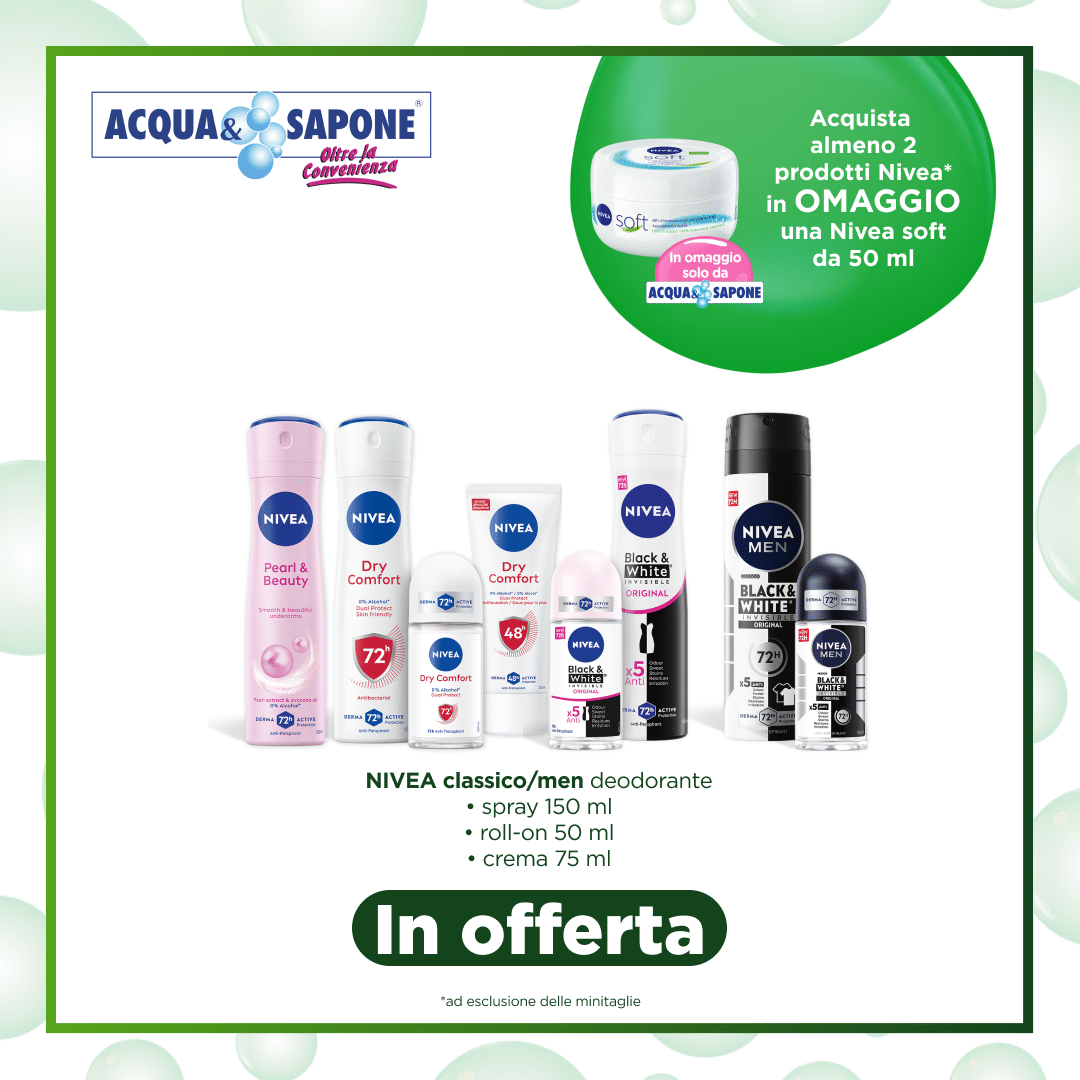 NIVEA Classico/Men Deodorante - Spray 150 ml, Roll-on 50 ml, Crema 75 ml Deodorante NIVEA per uomo e donna, disponibile in formato spray, roll-on e crema, per un\'azione duratura contro il sudore e le cattive odori. Protezione fino a 72 ore, con formulazioni delicate per pelli sensibili.