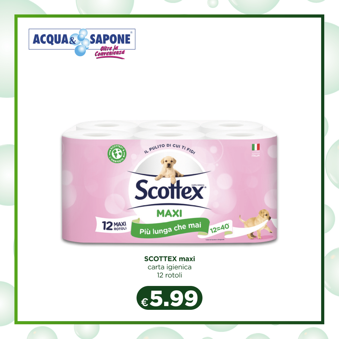 SCOTTEX maxi carta igienica - 12 rotoli Scottex maxi offre una carta igienica ultra resistente e morbida. Ogni rotolo contiene 12 maxi fogli, con una durata maggiore rispetto alla carta igienica tradizionale. Perfetta per ogni esigenza quotidiana, garantisce la massima qualità e comfort. Acquista ora e scopri perché Scottex è il marchio di fiducia nelle case italiane. Ideale per tutta la famiglia, disponibile in comodo formato maxi.