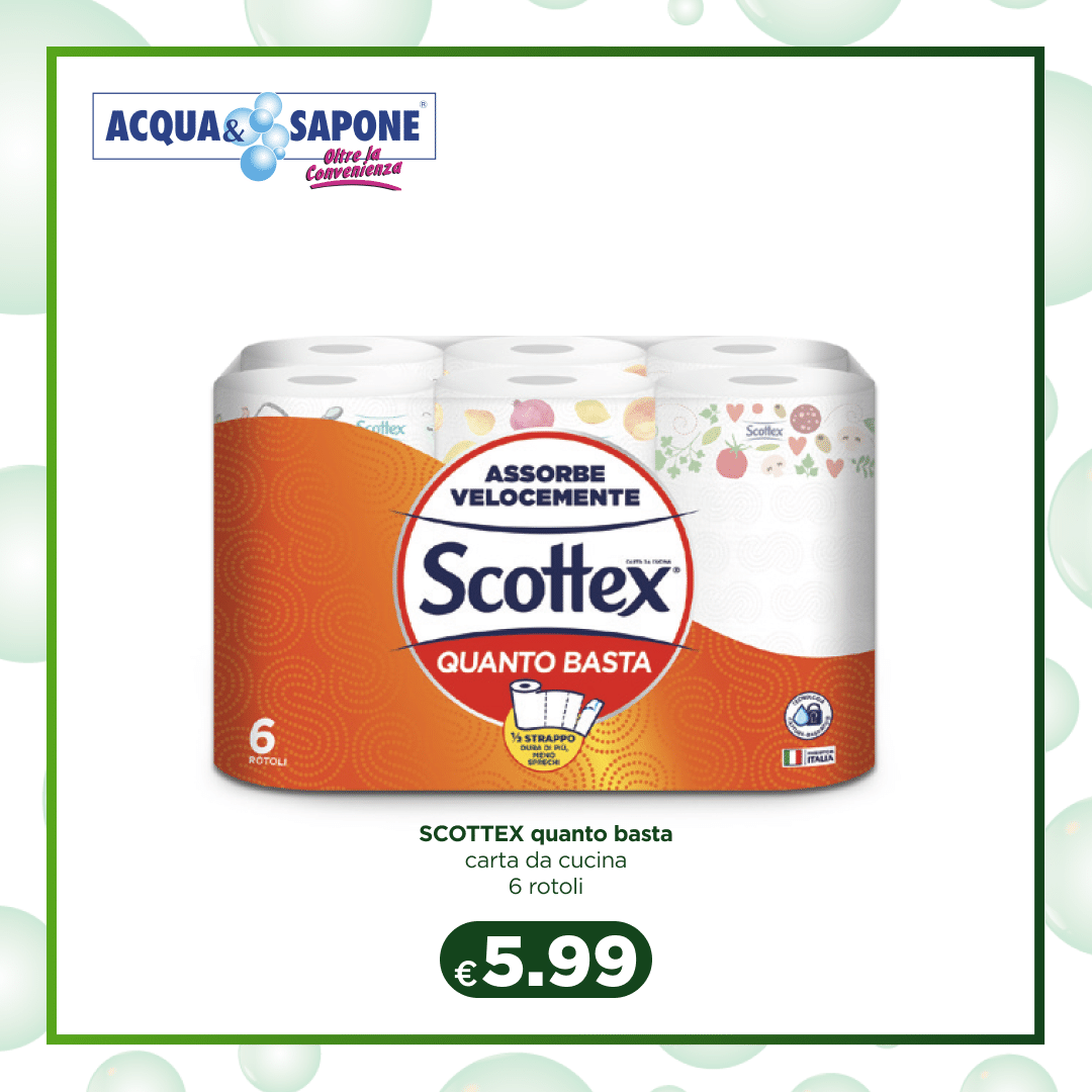 SCOTTEX quanto basta - Carta da cucina 6 rotoli Scottex quanto basta è la carta da cucina ideale per ogni esigenza domestica. Con 6 rotoli per confezione, questo prodotto è progettato per assorbire velocemente e durare a lungo. Ogni foglio è facilmente strappabile per un utilizzo pratico e senza sprechi. Perfetta per pulire, asciugare o assorbire liquidi, è un prodotto essenziale per ogni cucina. Grazie alla qualità Scottex, la tua casa sarà sempre pulita e ordinata.