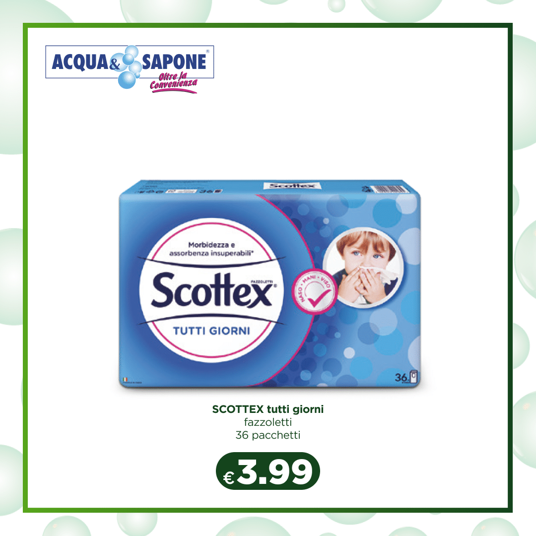 SCOTTEX tutti giorni - Fazzoletti 36 pacchetti Scottex tutti giorni è la scelta perfetta per chi cerca un fazzoletto morbido e altamente assorbente. Con 36 pacchetti per confezione, questo prodotto è ideale per l\'uso quotidiano, per tutti i membri della famiglia. Ogni fazzoletto offre un comfort superiore grazie alla sua consistenza delicata sulla pelle, pur mantenendo un\'elevata capacità di assorbimento. Un must-have per gestire raffreddori, allergie o semplicemente per il normale uso giornaliero.