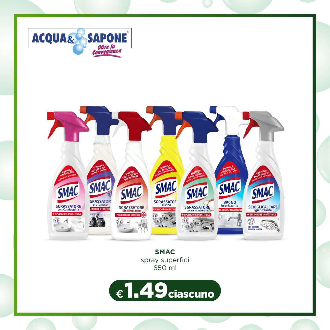 SMAC spray superfici 650 ml SMAC spray superfici è la soluzione ideale per pulire e disinfettare ogni superficie della tua casa, rimuovendo lo sporco più ostinato. Con una formula potente ed efficace, questo spray è disponibile in varie varianti per soddisfare ogni esigenza: da sgrassatori per cucine a detergenti per superfici più delicate. Ogni confezione da 650 ml garantisce una lunga durata e una pulizia profonda, lasciando una sensazione di freschezza senza paragoni. Adatto a chi cerca prodotti di alta qualità per mantenere la casa perfettamente pulita.