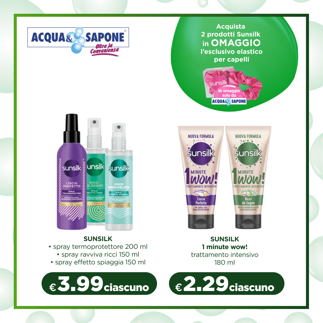 Sunsilk Spray Termoprotettore 200 ml: Proteggi i tuoi capelli dal calore degli strumenti termici con il nostro spray termoprotettore Sunsilk. Approvato per donare una protezione ottimale e uno styling perfetto, il prodotto da 200 ml è ideale per capelli lisci e protetti durante l\'asciugatura. Sunsilk Spray Rivivi Ricci 150 ml: Rivitalizza i tuoi ricci con il nostro spray Sunsilk, studiato per nutrire e ridare vita ai ricci. Con una formula che definisce e modella, il prodotto è ideale per un look naturale e senza frizz. Sunsilk Spray Effetto Spiaggia 150 ml: Crea un look da spiaggia con il nostro spray Sunsilk, che dona volume e definizione ai tuoi capelli. Il formato da 150 ml è ideale per un risultato naturale e luminoso, come se avessi appena preso il sole. Sunsilk 1 Minute Wow! Trattamento Intensivo 180 ml: Nutri e ripara i tuoi capelli con Sunsilk 1 Minute Wow!, il trattamento intensivo da 180 ml che trasforma i capelli in pochi minuti. Adatto per tutti i tipi di capelli, rende il capello morbido e luminoso.