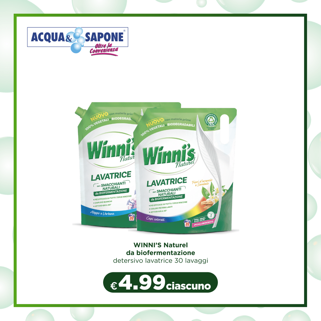 WINNI’S Naturel da biofermentazione detersivo lavatrice WINNI’S Naturel da biofermentazione, detersivo lavatrice 30 lavaggi. Un detergente naturale al 100%, biodegradabile, che garantisce una pulizia profonda dei capi e un rispetto totale per l\'ambiente. Perfetto per panni colorati e per chi cerca una soluzione ecologica.