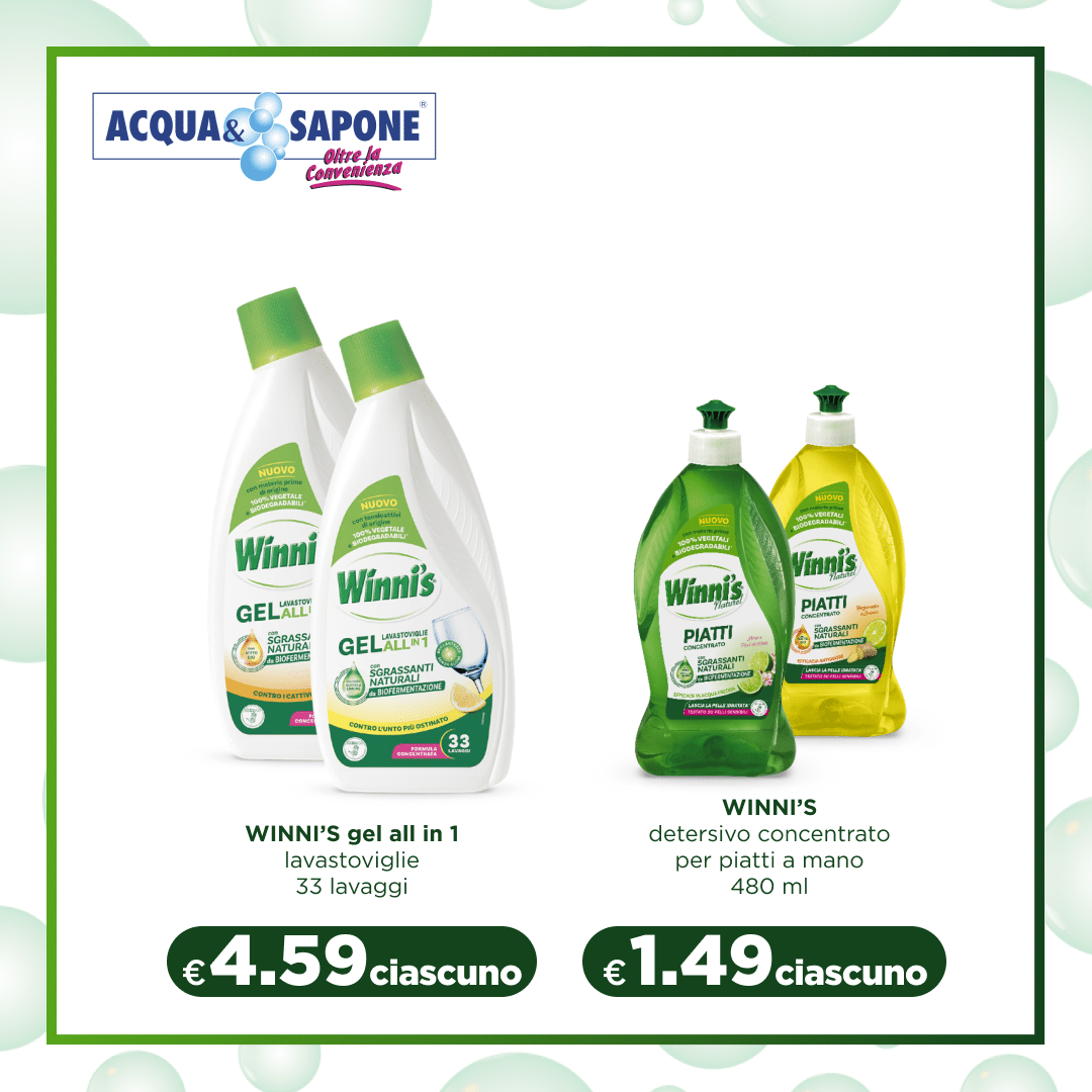 WINNI’S gel all in 1 lavastoviglie WINNI’S Gel All In 1, lavastoviglie 33 lavaggi. Un detergente potente che rimuove lo sporco più ostinato senza danneggiare i piatti. Formula concentrata per una pulizia impeccabile, perfetta per piatti, bicchieri e pentole. WINNI’S detersivo piatti a mano WINNI’S Detersivo concentrato per piatti a mano 480 ml. Un detersivo naturale ed efficace che rimuove grasso e residui di cibo, lasciando le tue mani morbide e protette. Ideale per un lavaggio ecologico e sicuro.